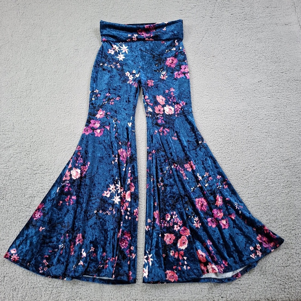 Womens M Teal Velvet Flare Pants Stretch Bell Bottom Boho Wide Leg Pull On
